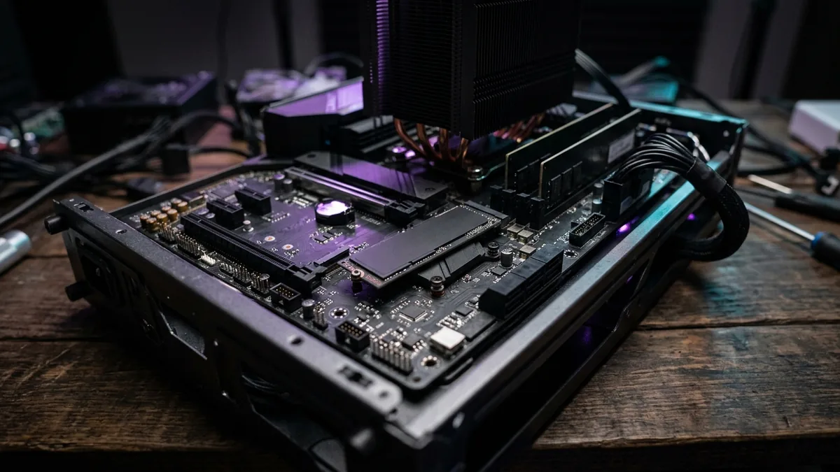 Fotografia em foco fechado de um SSD NVMe instalado em uma placa-mãe sobre bancada de manutenção com iluminação suave.