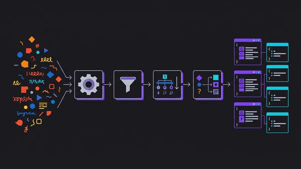 Esquema ilustrativo mostrando o fluxo de transformação de linhas de texto desestruturadas em blocos padronizados de dados JSON.