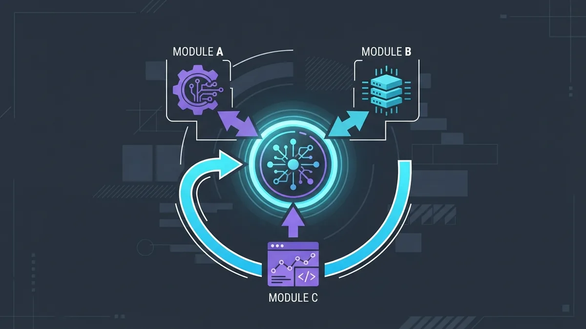 Ilustração vetorial sem texto mostrando um fluxo em loop de um agente autônomo conectando um nó central de decisão a três módulos de ferramentas com setas de retorno.