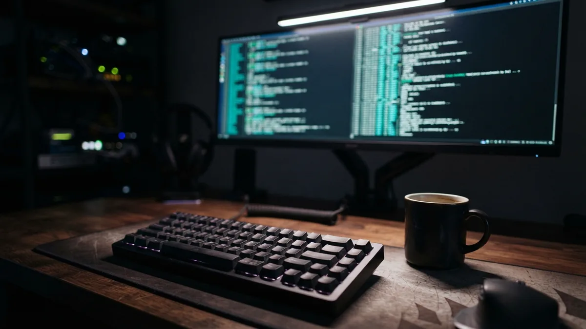 Fotografia de um ambiente de trabalho com teclado mecânico iluminado em primeiro plano e monitor desfocado ao fundo exibindo linhas de terminal de monitoramento.