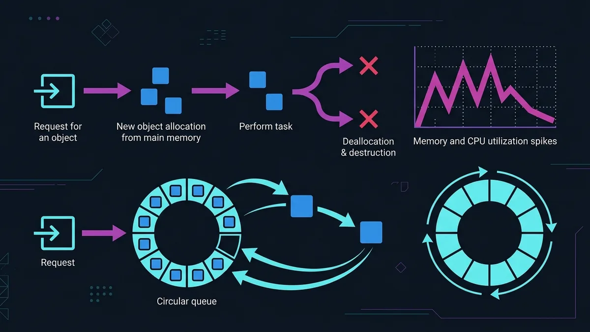 Esquema técnico em vetor comparando o fluxo de alocação direta de memória com picos de CPU contra o fluxo circular de reutilização de nós em uma fila de object pool.