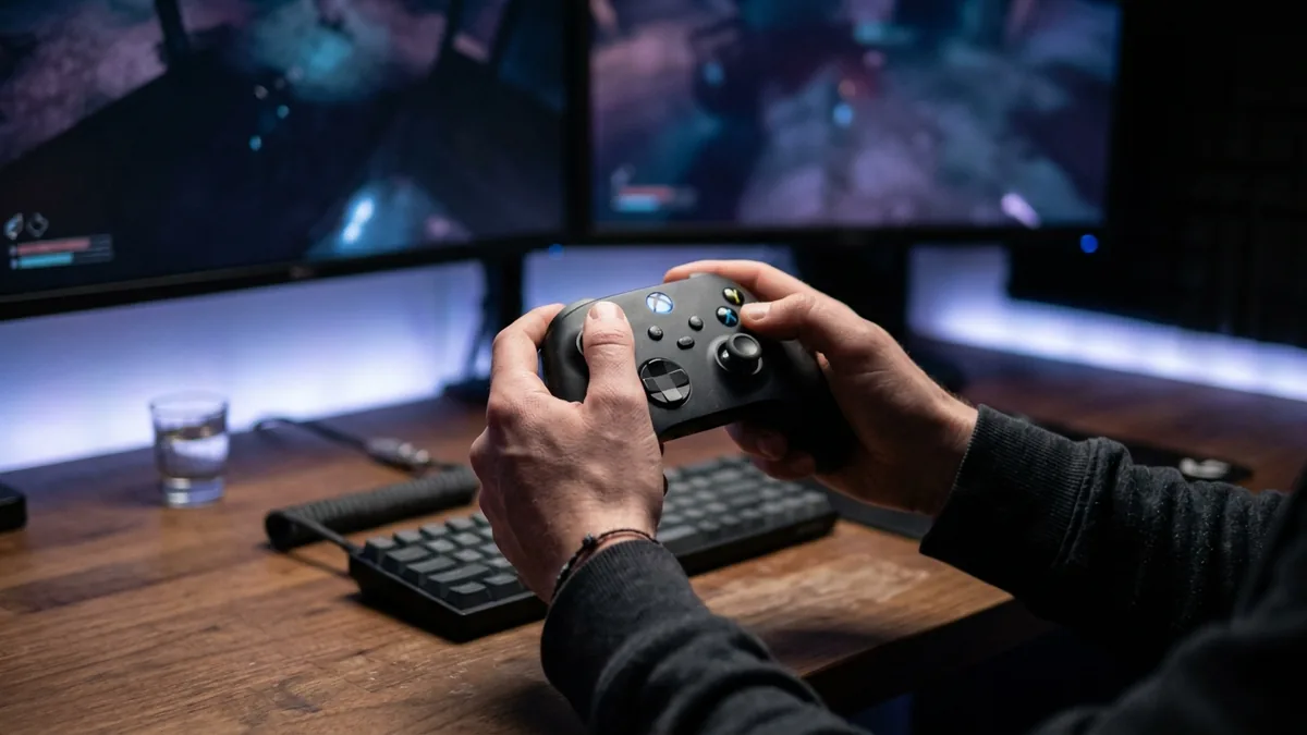 Fotografia em plano detalhado de um desenvolvedor segurando um controle de jogo durante um teste de performance em uma bancada iluminada por LEDs azuis e roxos.