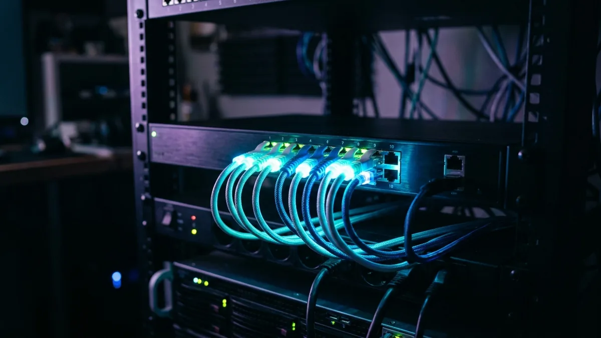 Fotografia de um servidor em rack de um ambiente homelab com iluminação LED azul e roxa.