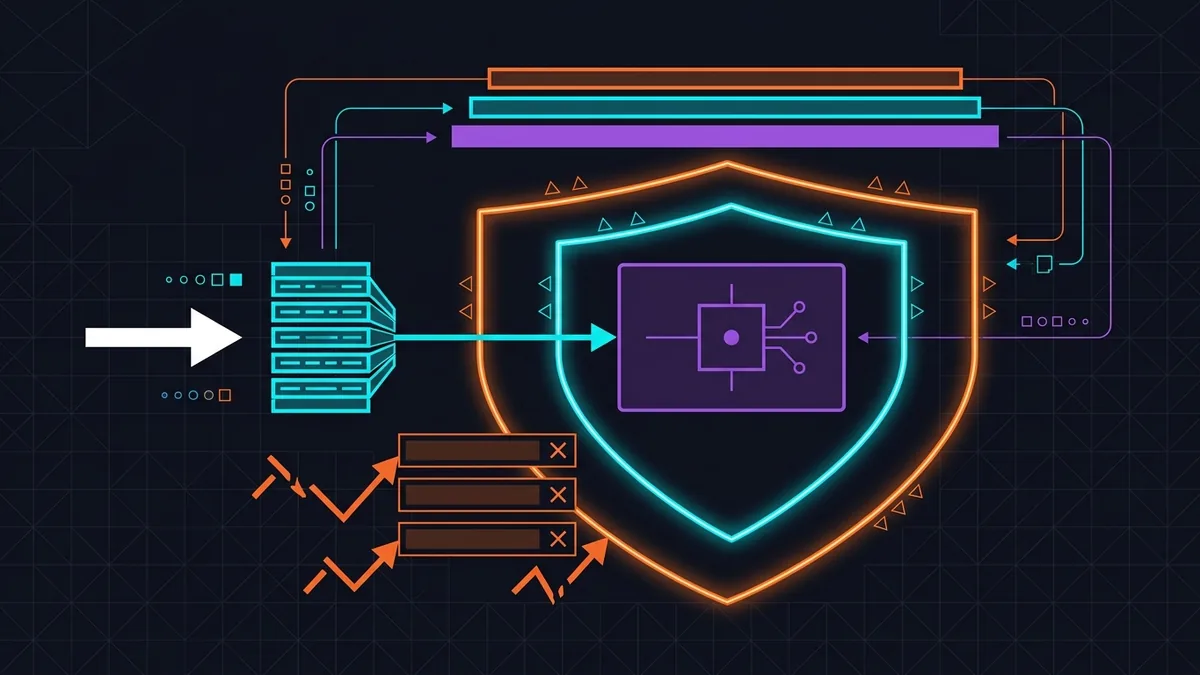 Diagrama técnico em arte vetorial mostrando camadas de segurança e filtros de validação protegendo um processo de servidor contra chamadas externas não autorizadas.