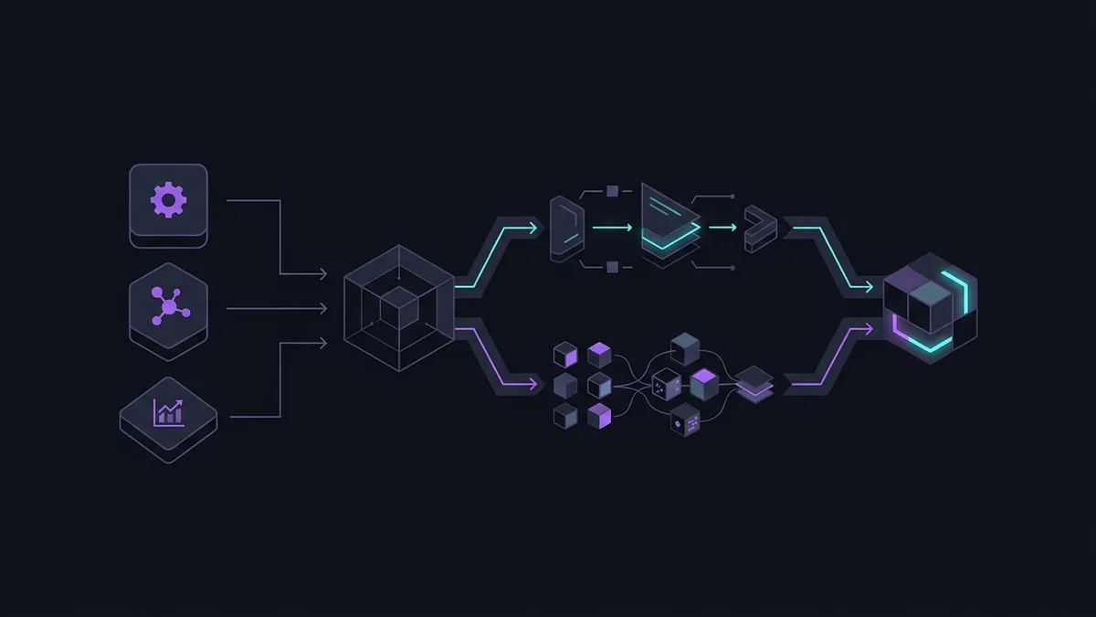Ilustração vetorial abstrata em fundo escuro mostrando o fluxo de compilação de uma assinatura em código Python transformando dados de entrada em múltiplos blocos de otimização até a saída final.