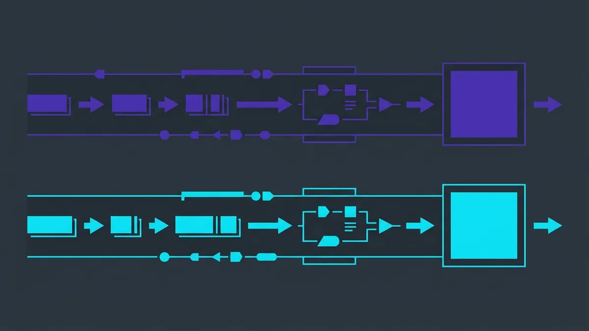 Ilustração vetorial em fundo escuro com linhas roxas e cianas mostrando dois fluxos paralelos de execução processados em núcleos de CPU distintos.