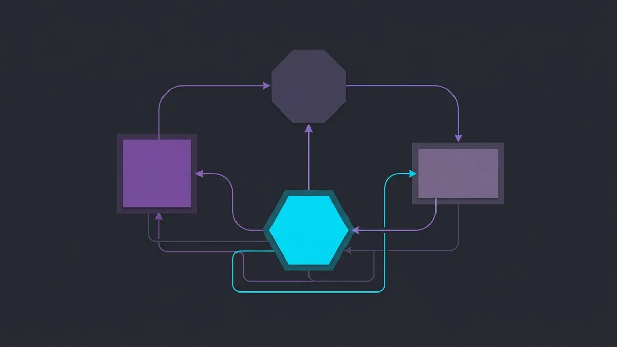 Esquema gráfico vetorial mostrando blocos geométricos de estados interconectados por setas direcionais em fundo escuro.