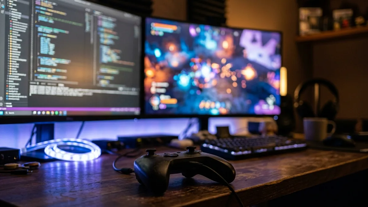 Fotografia em foco reduzido de um controle de jogo sobre uma mesa de madeira escura com iluminação suave em tom violeta.