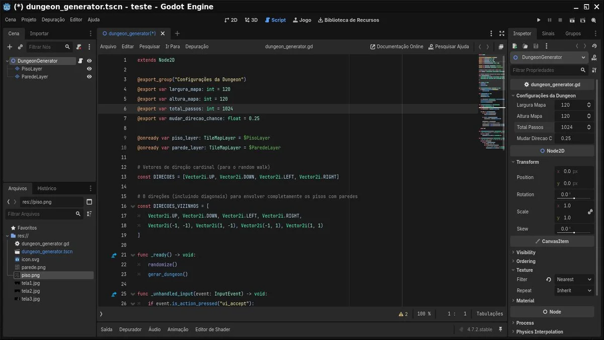 Script que cria a dungeon procedural na godot 4.