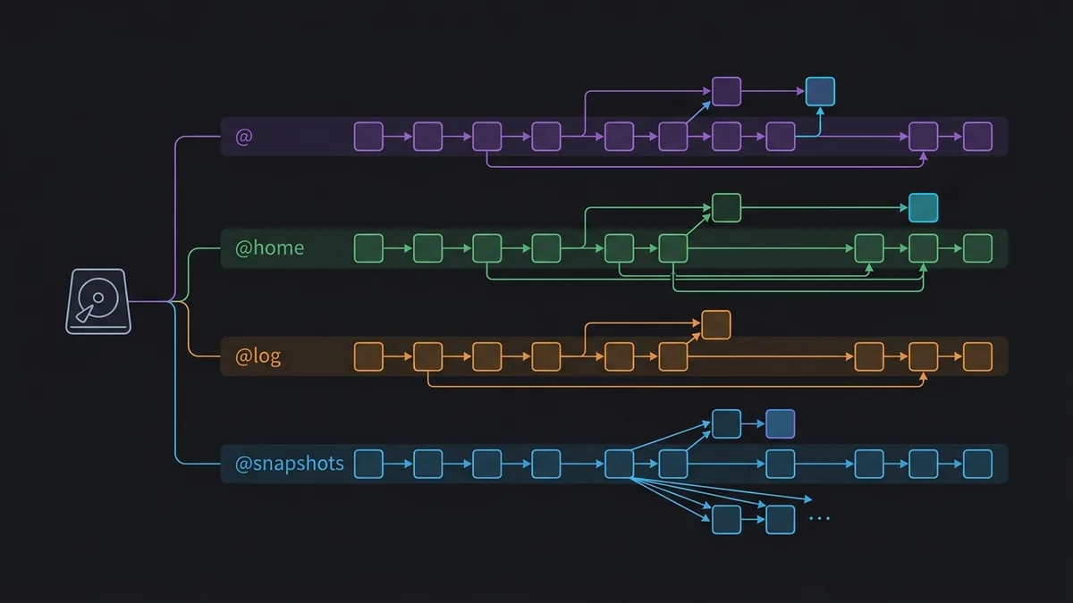 Vector diagram showing stacked and branched blocks illustrating Btrfs subvolume hierarchy and system restore points.