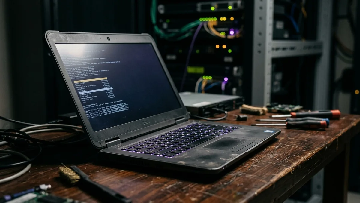 Open laptop on a workbench displaying a command-line interface terminal in a dark setting with keyboard backlight.