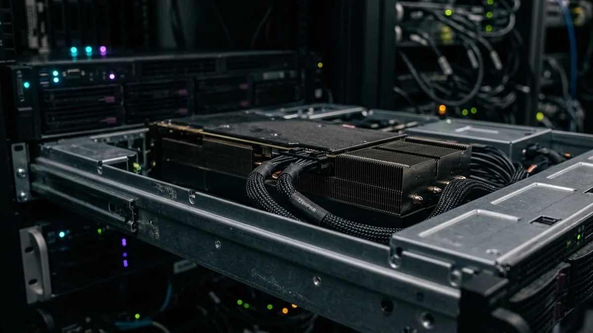 Fotografia em foco fechado de um servidor GPU montado em rack com luzes de LED ciano e violeta ao fundo.