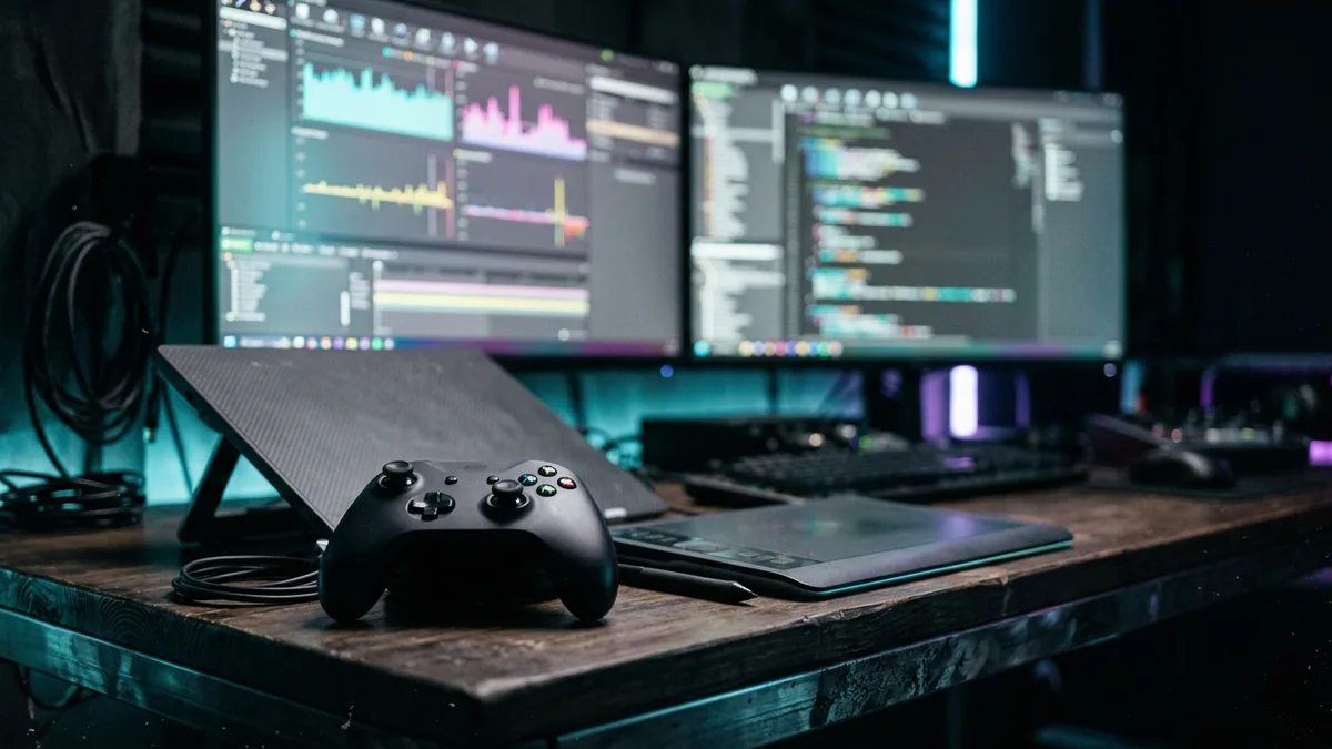 Fotografia de um estúdio de desenvolvimento de jogos com um controle sem fio e mesa digitalizadora sobre a mesa e monitores desfocados ao fundo.
