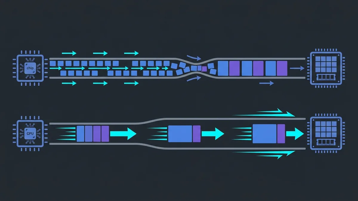 Esquema vetorial comparando o fluxo de múltiplos draw calls individuais congestionando a CPU versus um único buffer consolidado enviado diretamente para a GPU.