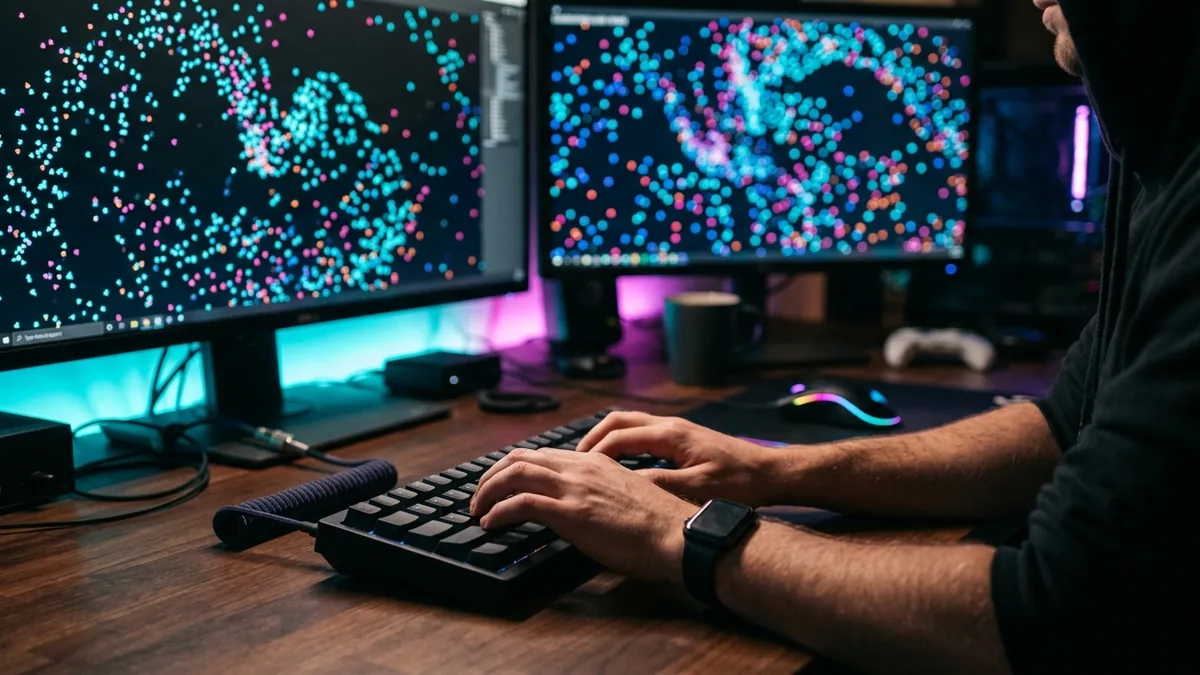 Mãos de um desenvolvedor ao teclado em um ambiente de estúdio com iluminação suave e monitores ao fundo exibindo uma simulação de jogo 2D.