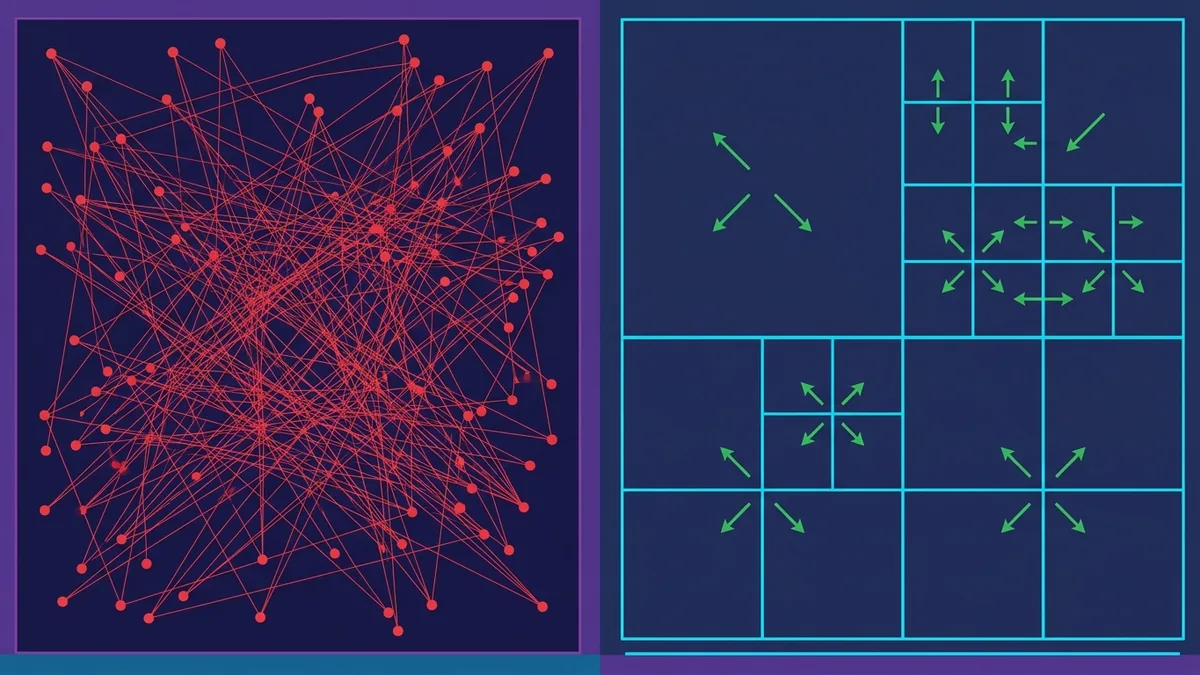 Ilustração técnica comparando verificações de colisão por força bruta com o particionamento espacial recursivo usando Quadtree em um plano 2D.