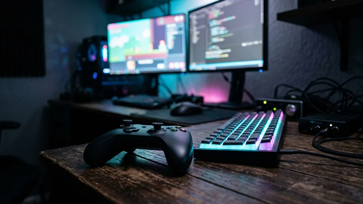 Fotografia em close-up de um controle de jogo sem fio e teclado mecânico em um ambiente de desenvolvimento de jogos indie com iluminação ambiente cyan e roxa.