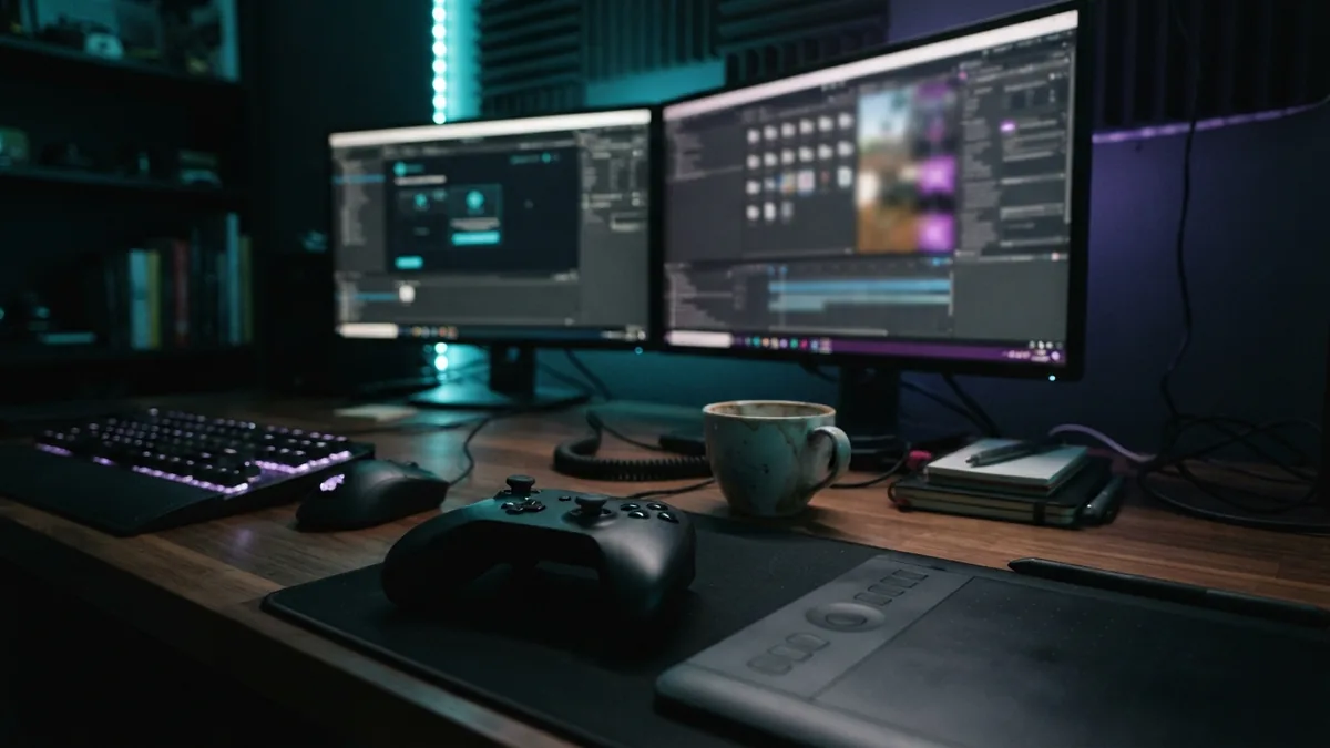 Mesa de trabalho de um desenvolvedor de jogos solo à noite com controle de videogame e iluminação suave.
