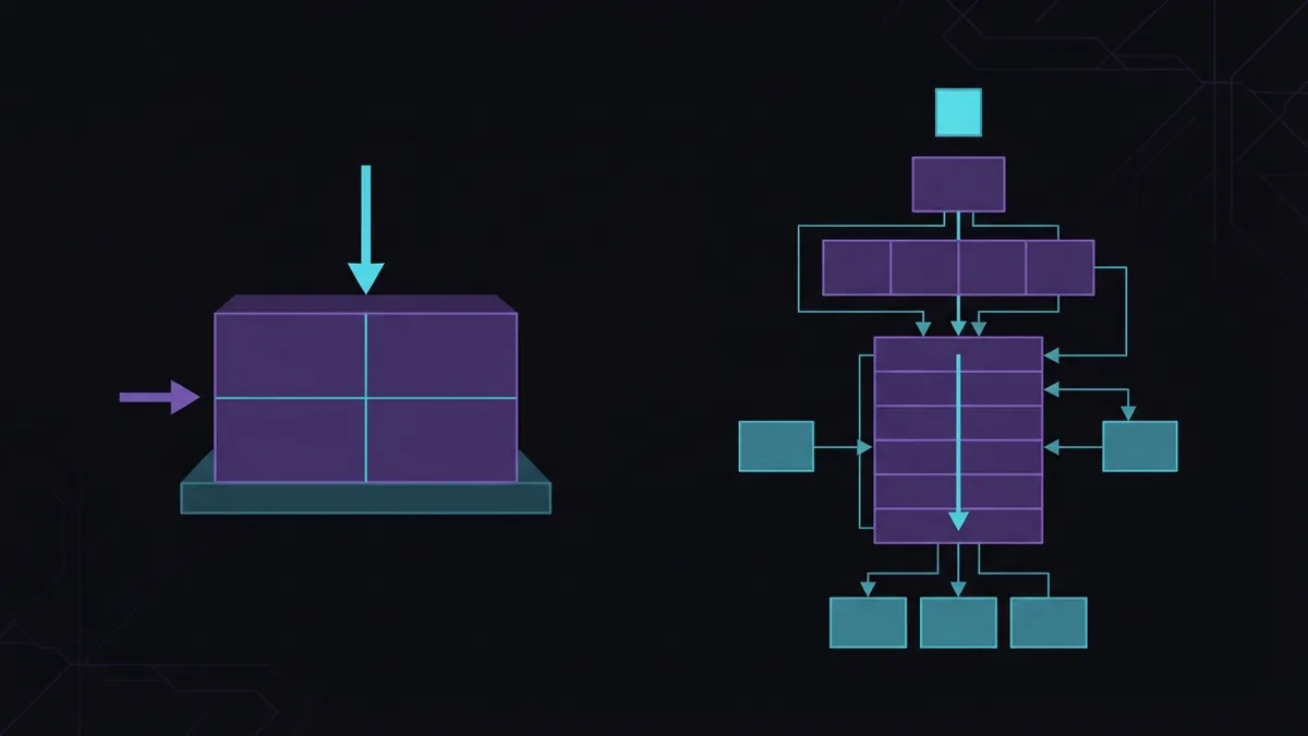 Esquema ilustrativo comparando a estrutura de footprint leve e modular com uma hierarquia complexa de múltiplos módulos.