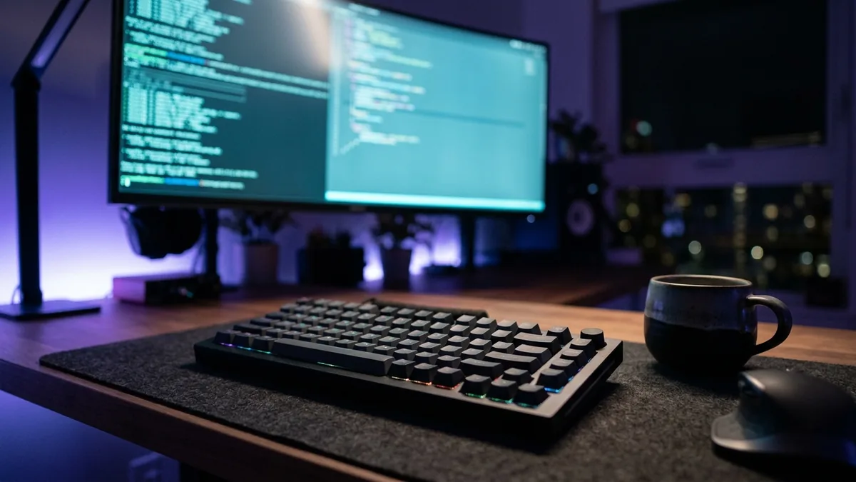 Fotografia em plano detalhado de um teclado mecânico iluminado em bancada escura com monitor ultrawide desfocado ao fundo emitindo luz ciano.