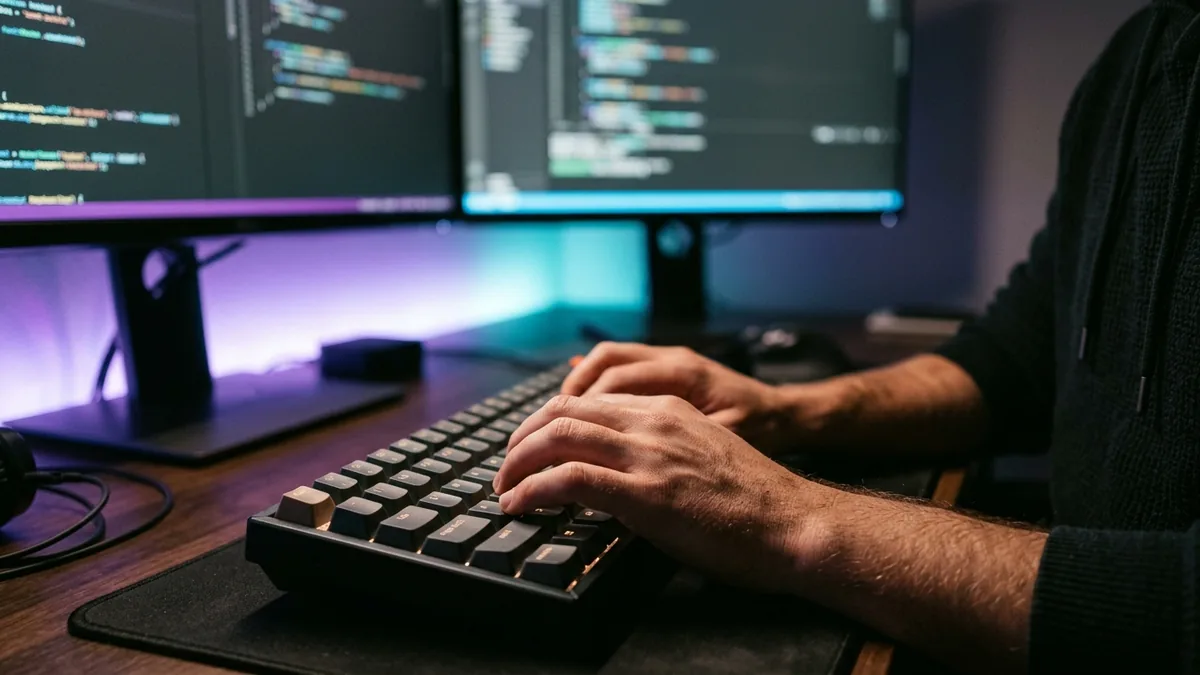 Fotografia em foco fechado das mãos de um desenvolvedor digitando em um teclado mecânico iluminado por luzes ciano e violeta.