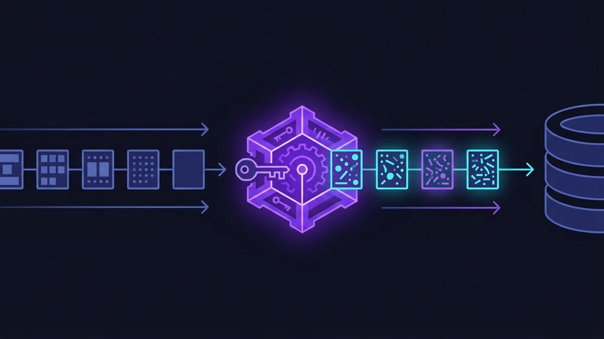 Ilustração técnica mostrando a passagem de dados através de um nó de criptografia por chave antes do armazenamento no disco.