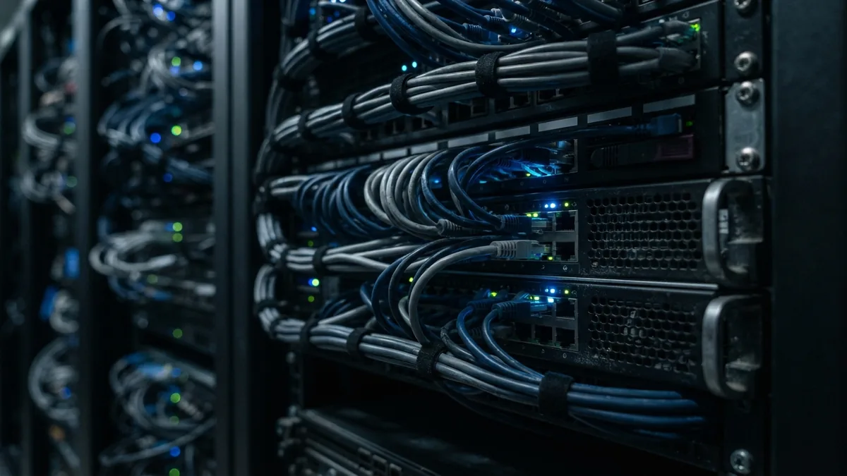 Servidor em rack com cabos de rede conectados e luzes indicadoras acesas em ambiente técnico escuro.