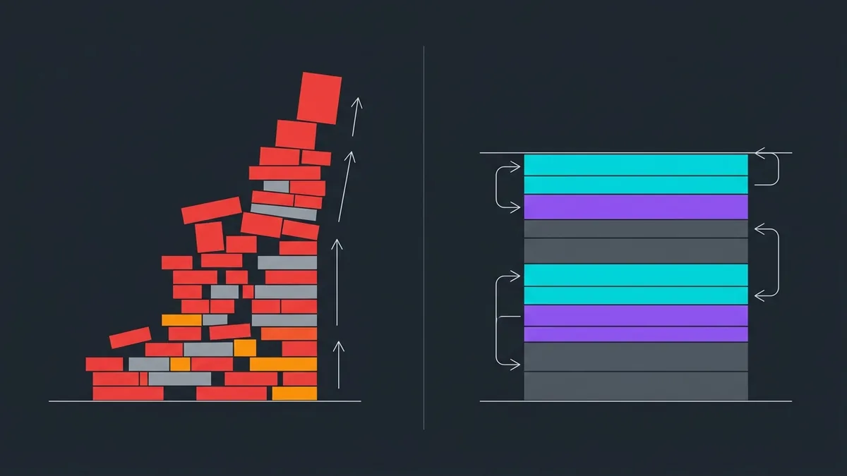 Ilustração vetorial técnica mostrando a comparação entre uma pilha de alocação de memória fragmentada e descontrolada e uma estrutura de memória organizada e limitada.