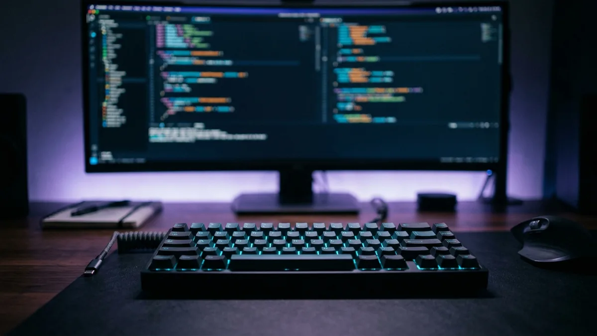 Fotografia em ângulo fechado de um teclado mecânico iluminado em uma bancada de trabalho escura com monitor desfocado ao fundo.